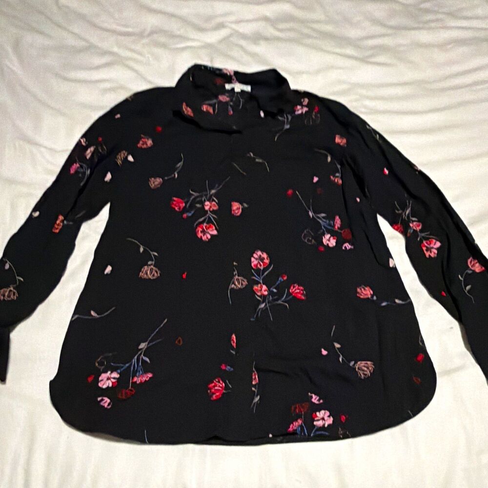 Warehouse Women's Black Pink Floral Long Sleeve Collared Button-Up Blouse 10